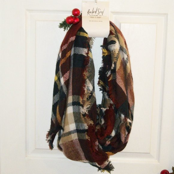 ROOTED SOUL NWT Fringed Plaid Scarf Shawl Large 55" x55" Red Navy Blue Cream Tan - Picture 1 of 6